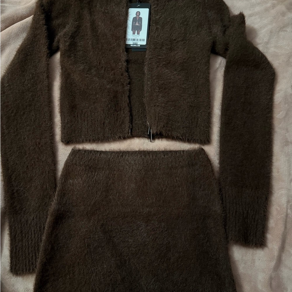 Dolls Kill Chocolate Brown Fuzzy Mini Skirt Set